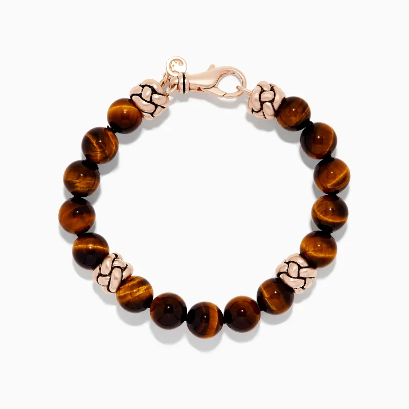 Men's 925 Sterling Silver Rose Gold Plated Tigers Eye Bead Bracelet sold by Effy