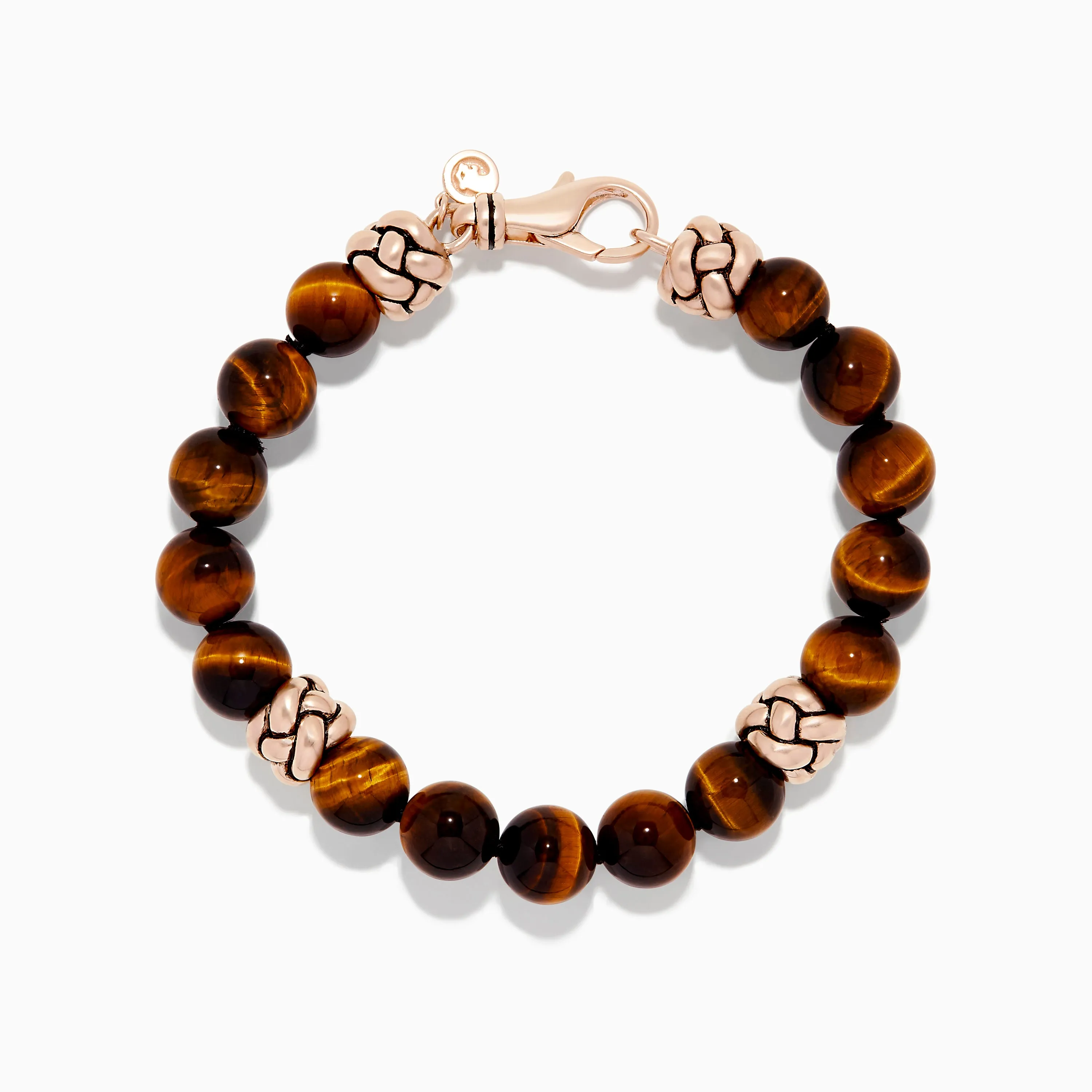 Men's 925 Sterling Silver Rose Gold Plated Tigers Eye Bead Bracelet sold by Effy