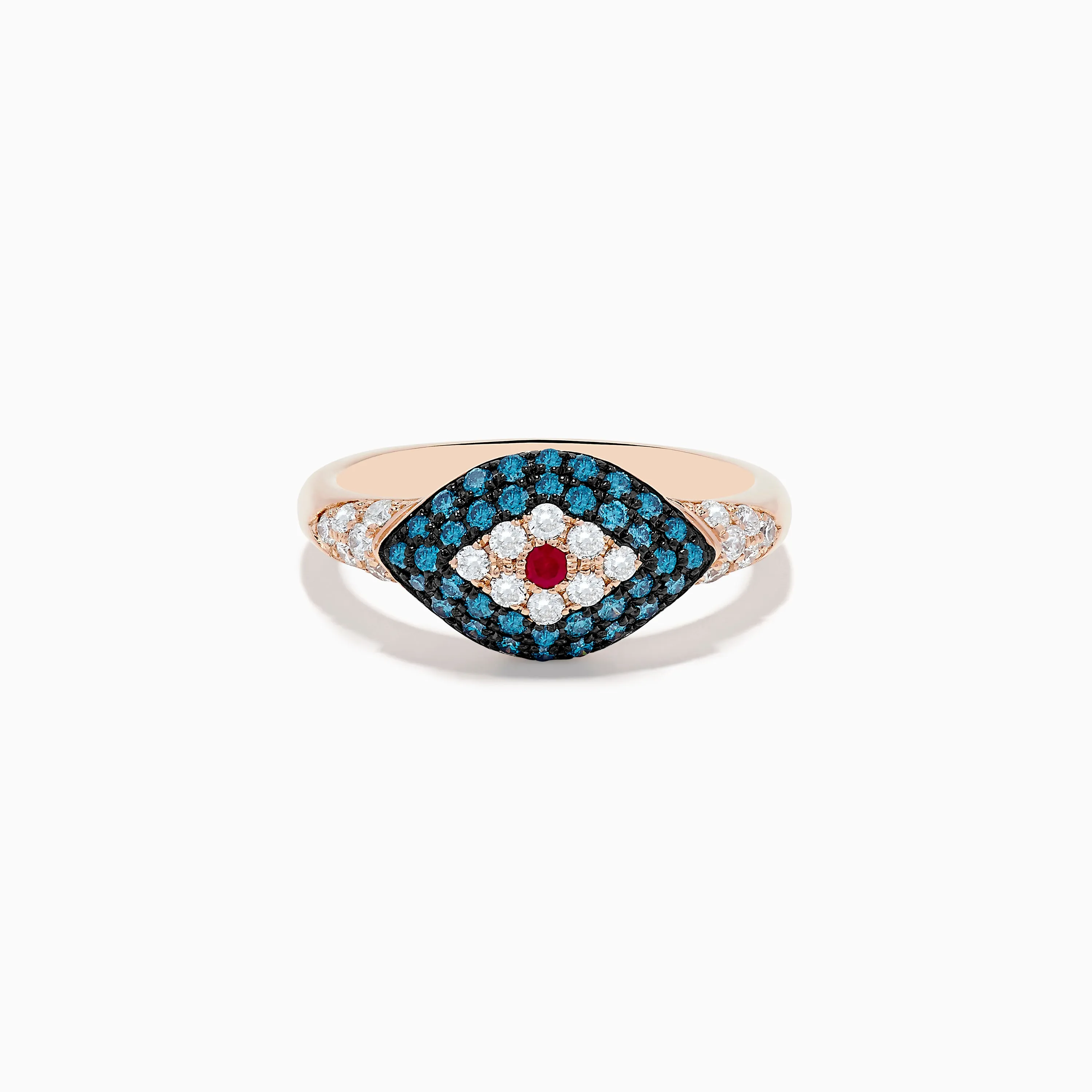 Novelty 14K Rose Gold Blue Diamond and Ruby Evil Eye Ring sold by Effy