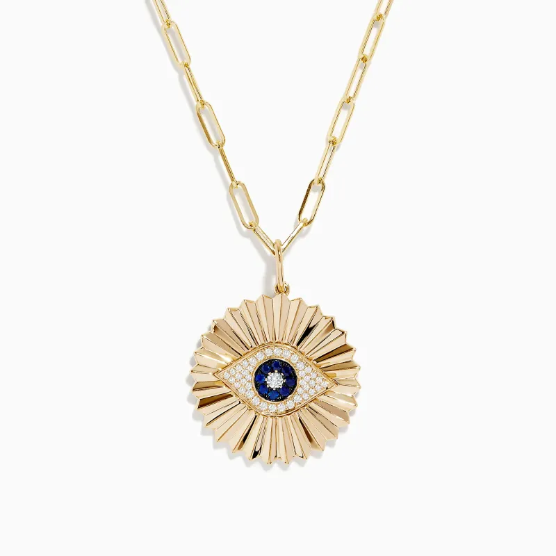 Novelty 14K Yellow Gold Sapphire and Diamond Evil Eye Disk Pendant sold by Effy