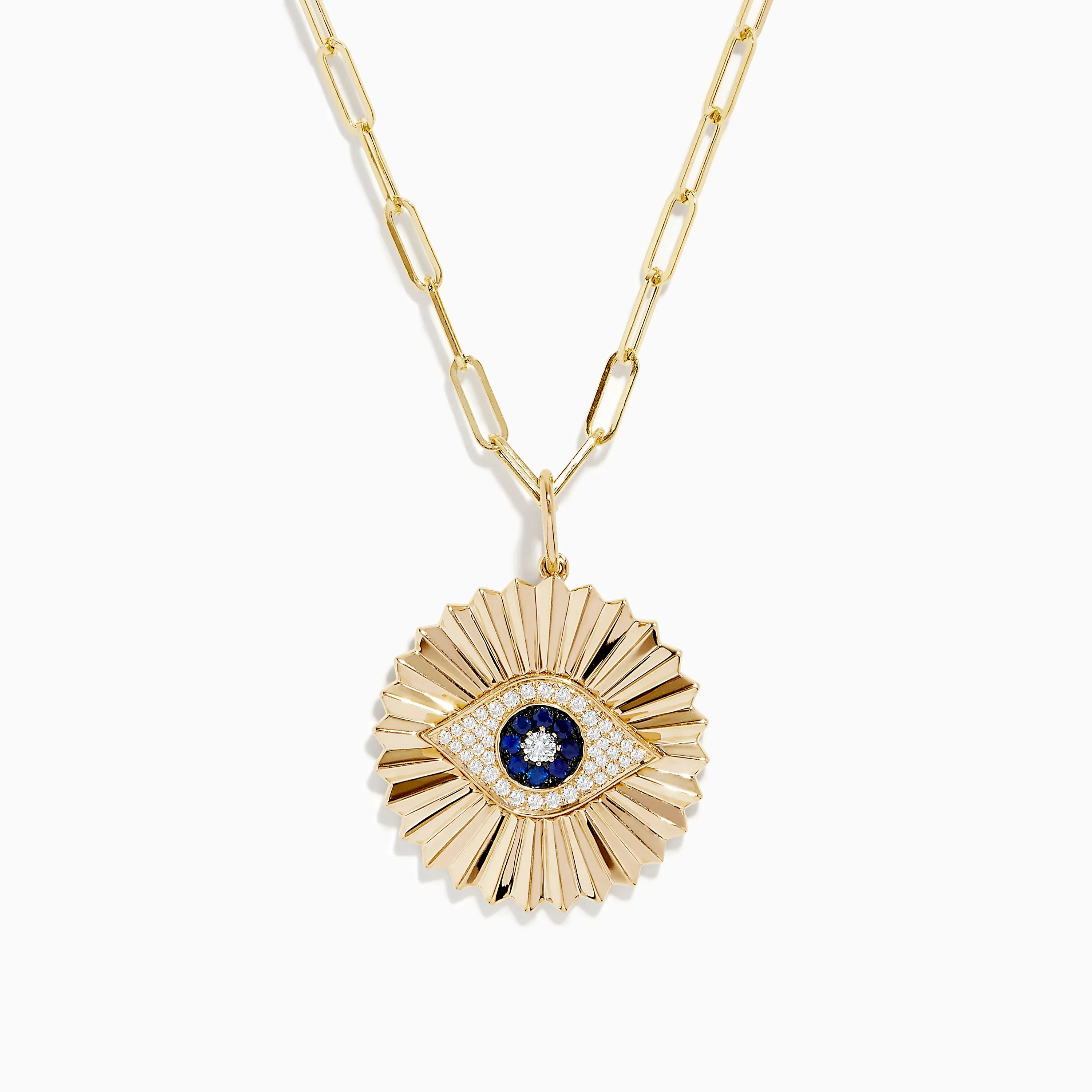 Novelty 14K Yellow Gold Sapphire and Diamond Evil Eye Disk Pendant sold by Effy