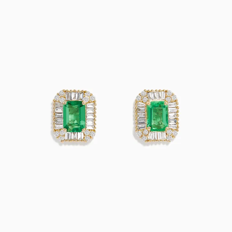 14K Yellow Gold Baguette Diamond Halo Emerald Stud Earrings sold by Effy