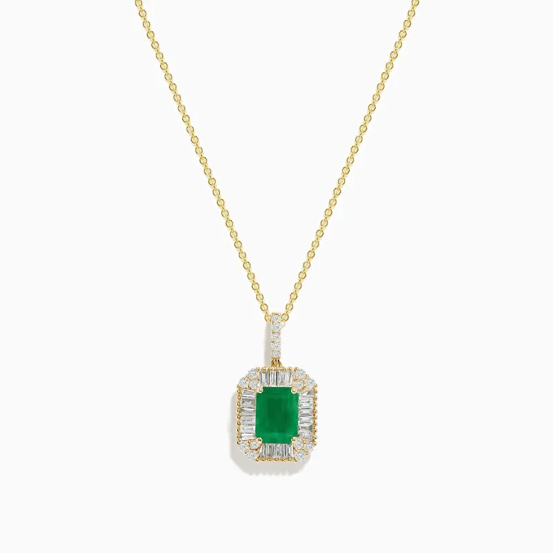 14K Yellow Gold Baguette Diamond Halo Emerald Pendant sold by Effy