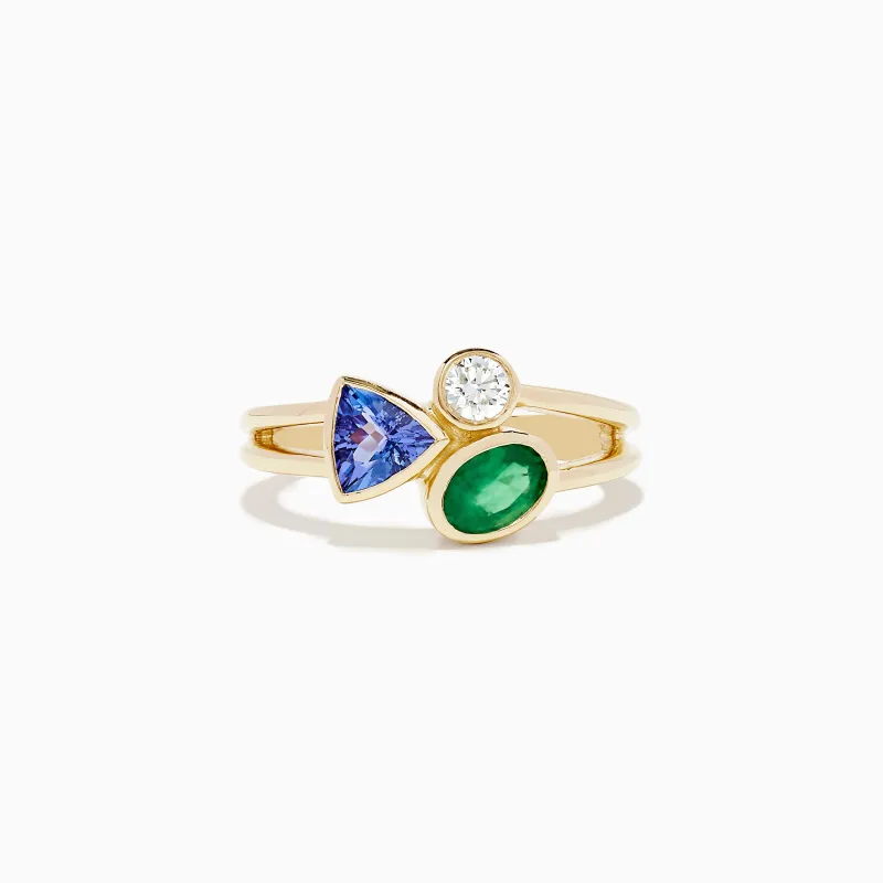 14K Yellow Gold Tri Stone Diamond, Emerald and Tanzanite Ring sold by Effy