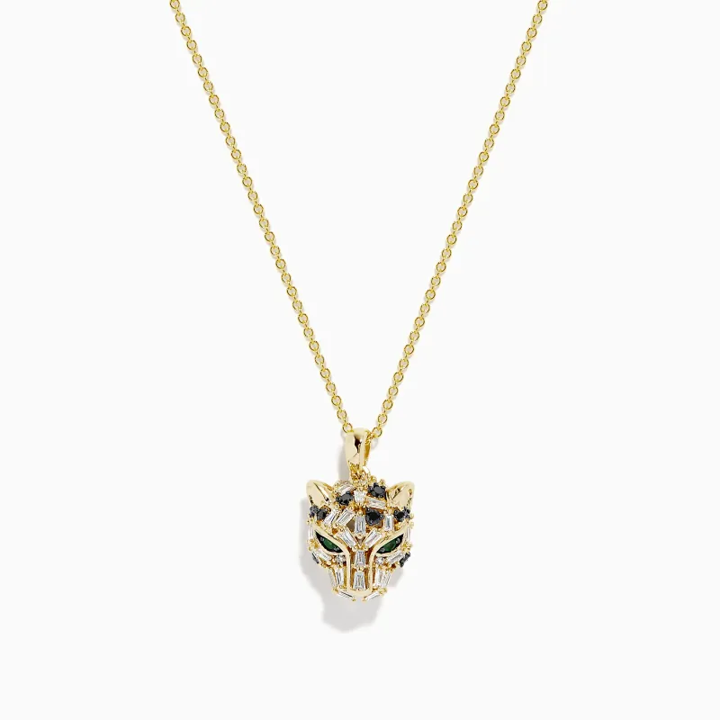 Signature 14K Yellow Gold Black and White Diamond Panther Pendant sold by Effy
