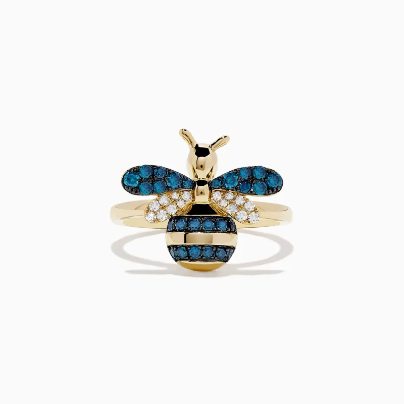 Safari 14K Yellow Gold Blue and White Diamond Bee Ring sold by Effy