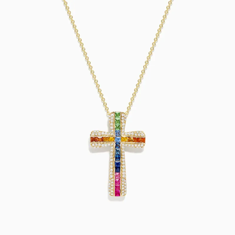 Watercolors 14K Gold Multi Sapphire and Diamond Cross Pendant sold by Effy