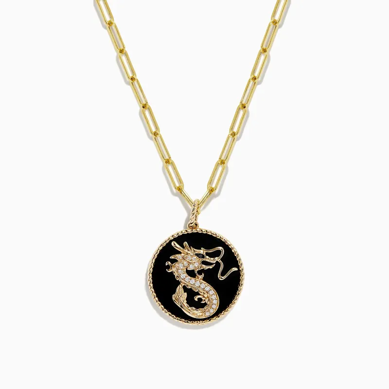 Novelty 14K Yellow Gold Onyx and Diamond Dragon Coin Pendant, 4.62 TCW sold by Effy