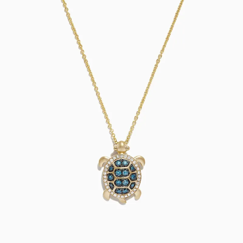 14K Yellow Gold Blue and White Diamond Sea Turtle Pendant, 0.41 TCW sold by Effy