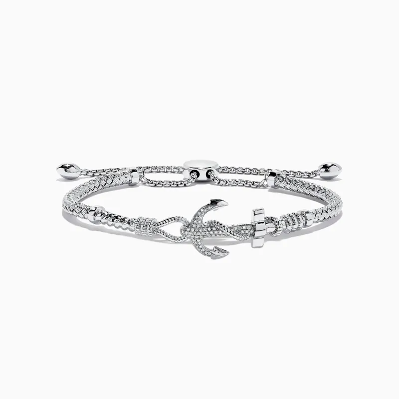 Seaside Sterling Silver Braided Chain Diamond Anchor Bolo Bracelet, 0.16 TCW sold by Effy