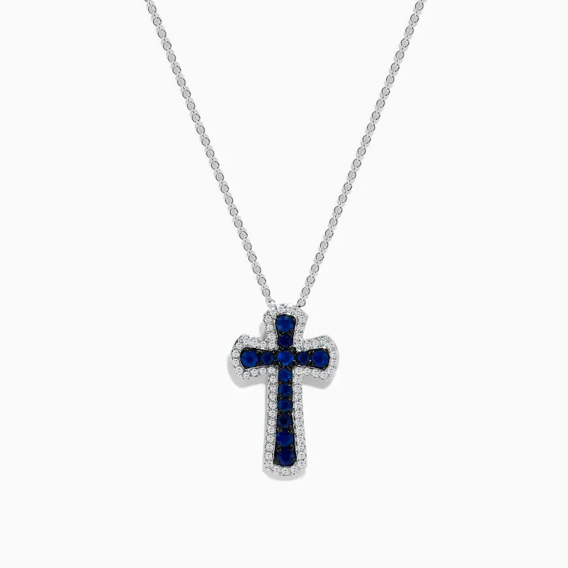 14K White Gold Blue Sapphire & Diamond Cross Pendant, 0.91 TCW sold by Effy
