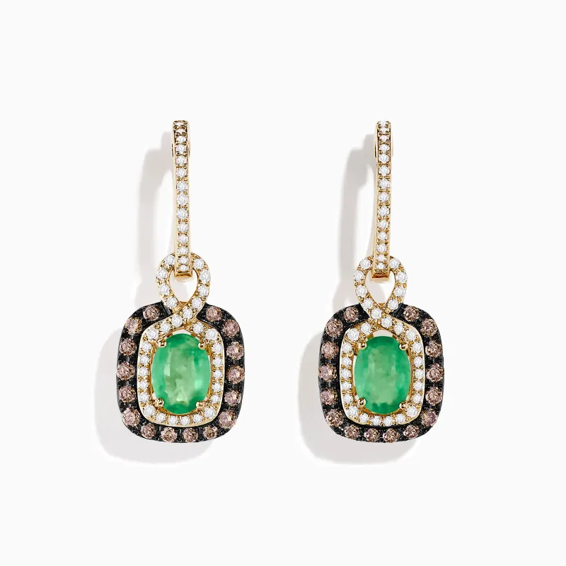 14k Yellow Gold Brown & White Diamond Halo Emerald Drop Earrings sold by Effy