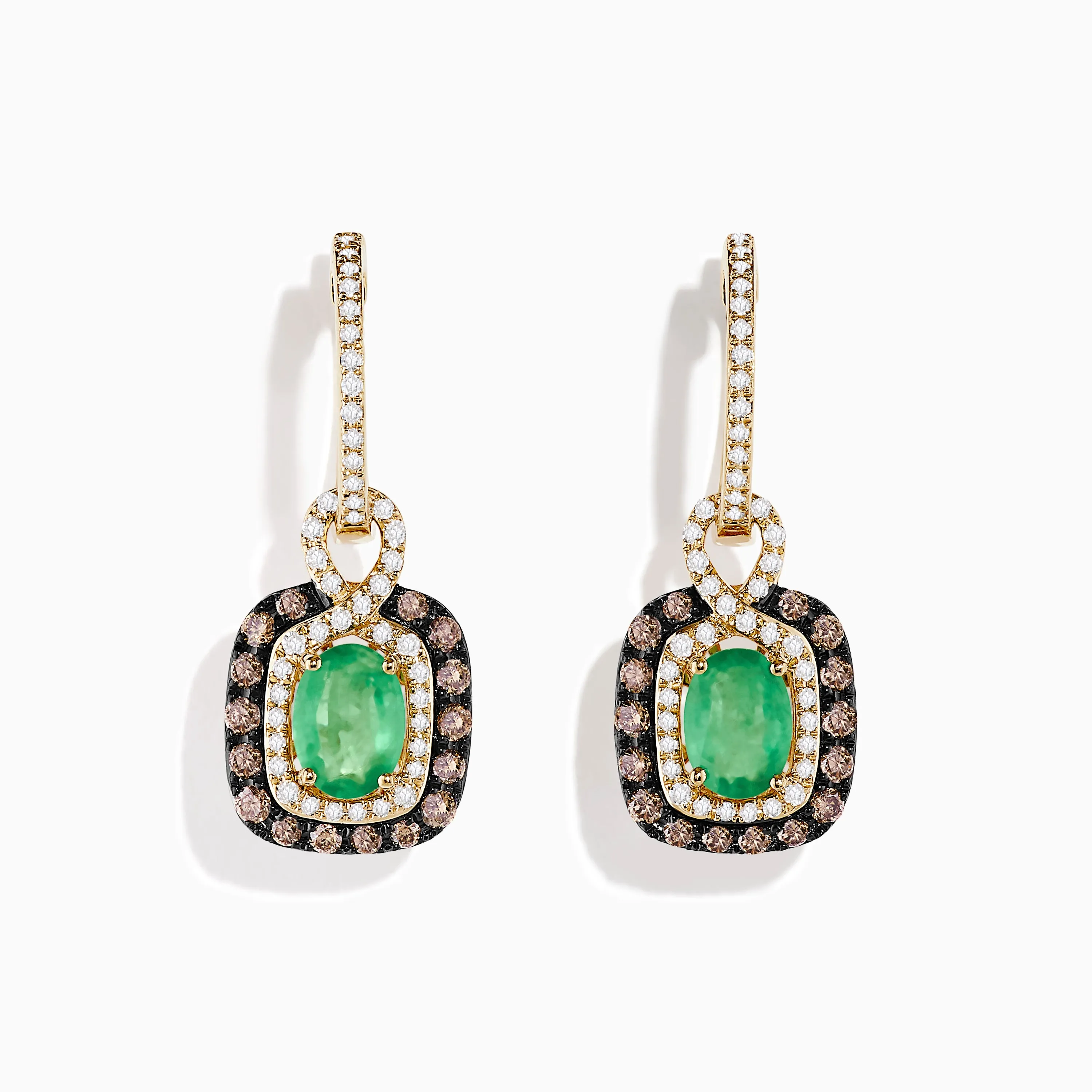 14k Yellow Gold Brown & White Diamond Halo Emerald Drop Earrings sold by Effy