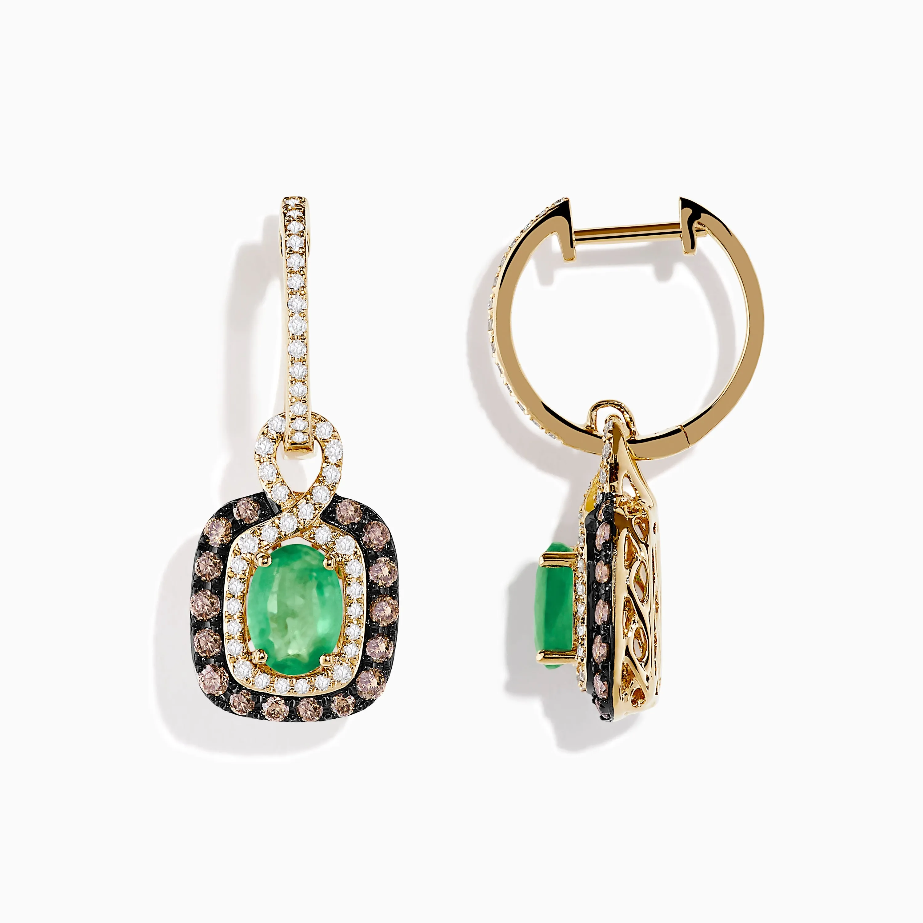 14k Yellow Gold Brown & White Diamond Halo Emerald Drop Earrings sold by Effy product image thumbnail 2