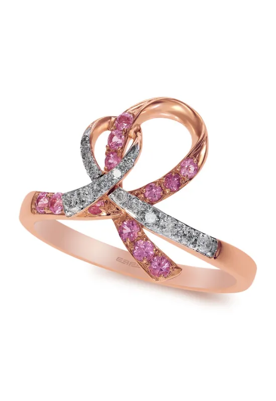 14K Rose Gold Pink Sapphire and Diamond Breast Cancer Awareness Ribbon Ring, 0.38 TCW sold by Effy