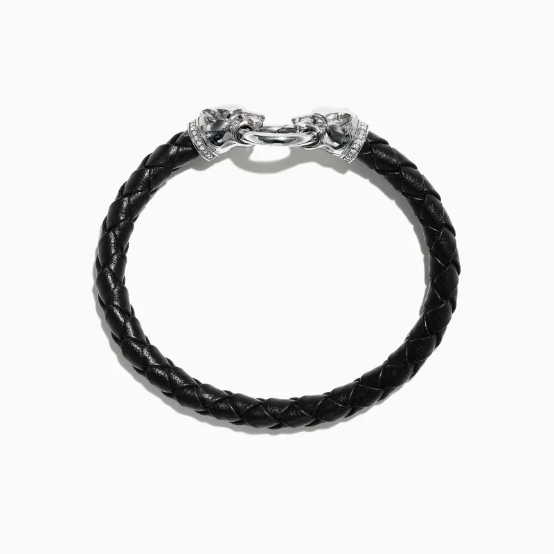 Men's Sterling Silver and Leather Diamond Accented Panther Bracelet 0.16 TCW sold by Effy