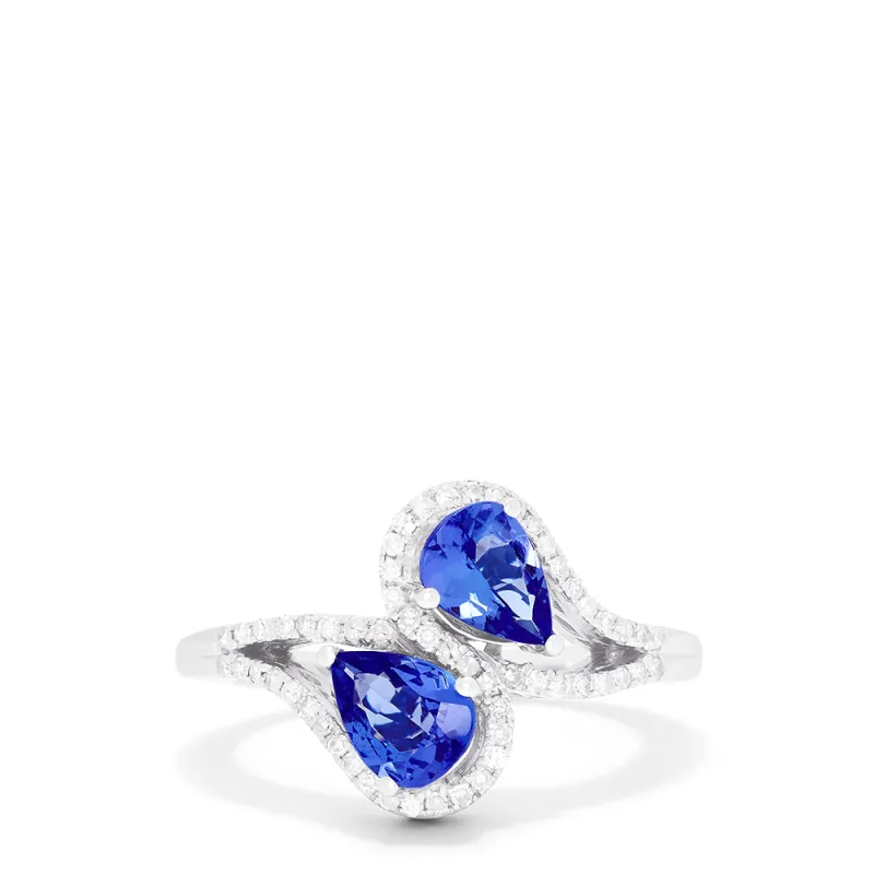 14K White Gold Pear Shaped Tanzanite and Diamond Bypass Ring, 0.74 TCW sold by Effy