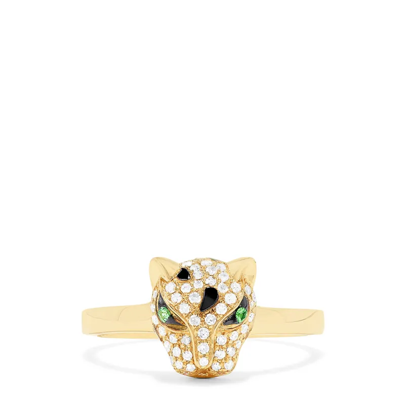14K Yellow Gold Diamond and Tsavorite Panther Ring, 0.25 TCW sold by Effy