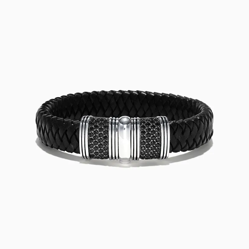 Men's Sterling Silver and Leather Black Sapphire Bracelet, 2.70 TCW sold by Effy