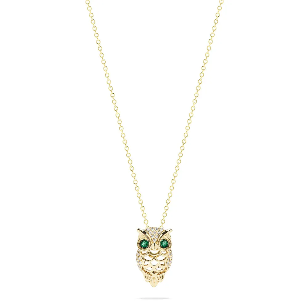 Safari 14K Yellow Gold Emerald and Diamond Owl Pendant, 0.18 TCW sold by Effy