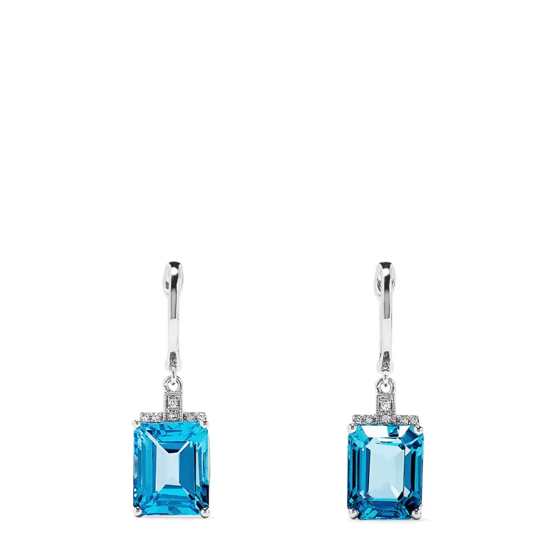 14K White Gold Emerald Cut Blue Topaz and Diamond Drop Earrings, 9.25 TCW sold by Effy