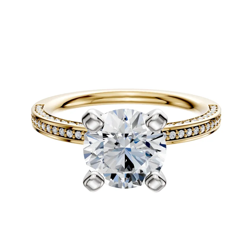 18K Two Tone 4 Prong Classic Flat 3-Row-Pave 2.0mm Engagement Ring sold by Effy