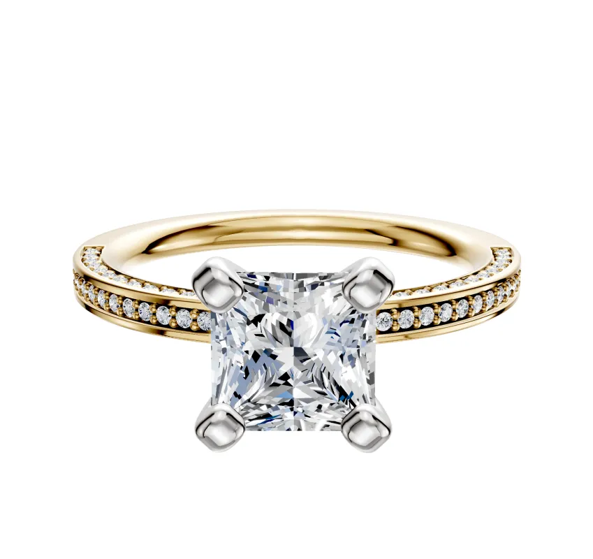 18K Two Tone 4 Prong Classic Flat 3-Row-Pave 2.0mm Engagement Ring sold by Effy