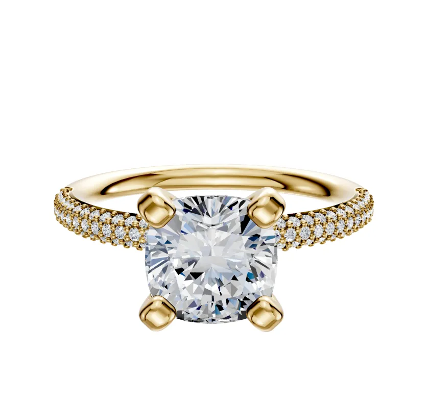 18K Yellow Gold 4 Prong Classic Dome 3-Row-Pave 2.0mm Engagement Ring made by Effy