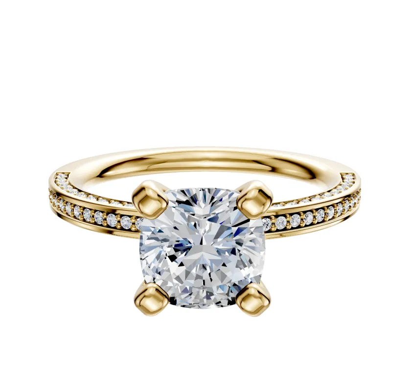 18K Yellow Gold 4 Prong Classic Flat 3-Row-Pave 2.0mm Engagement Ring made by Effy