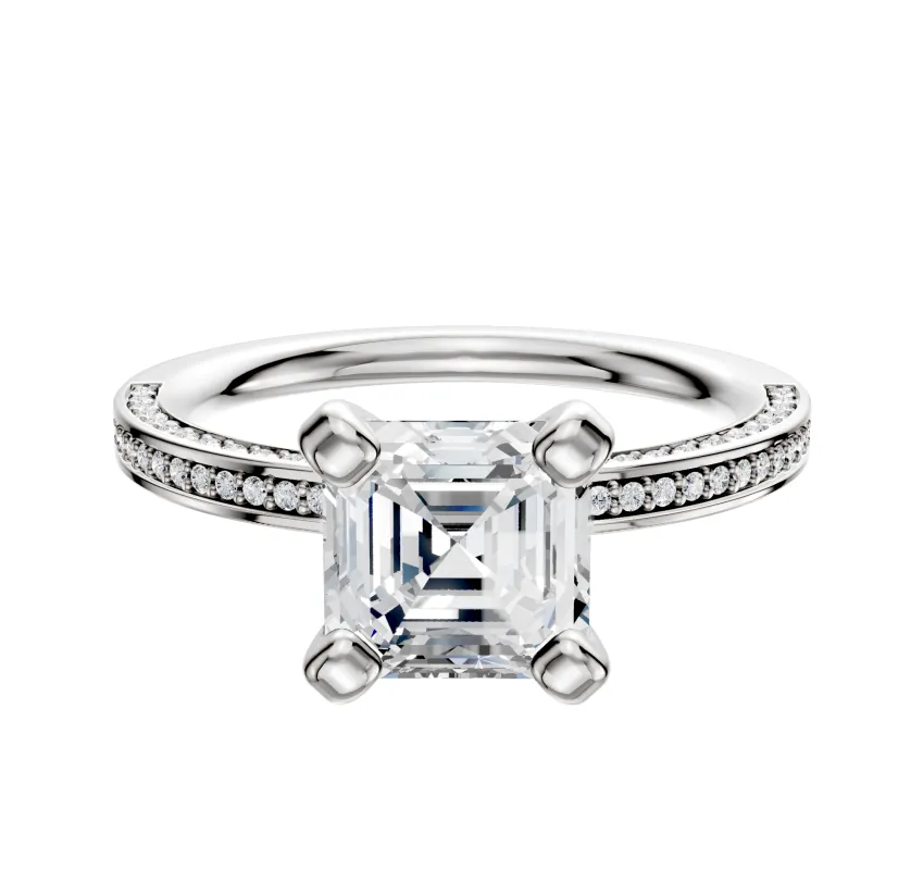 14K White Gold 4 Prong Classic Flat 3-Row-Pave 2.0mm Engagement Ring made by Effy