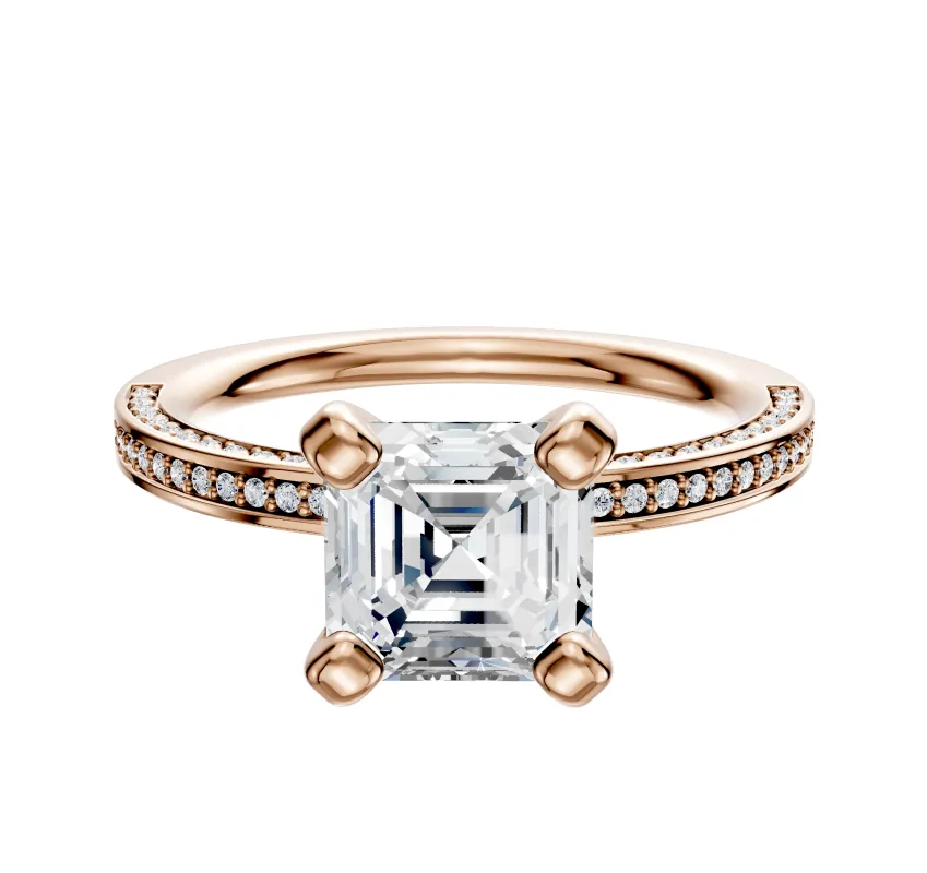 18K Rose Gold 4 Prong Classic Flat 3-Row-Pave 2.0mm Engagement Ring made by Effy