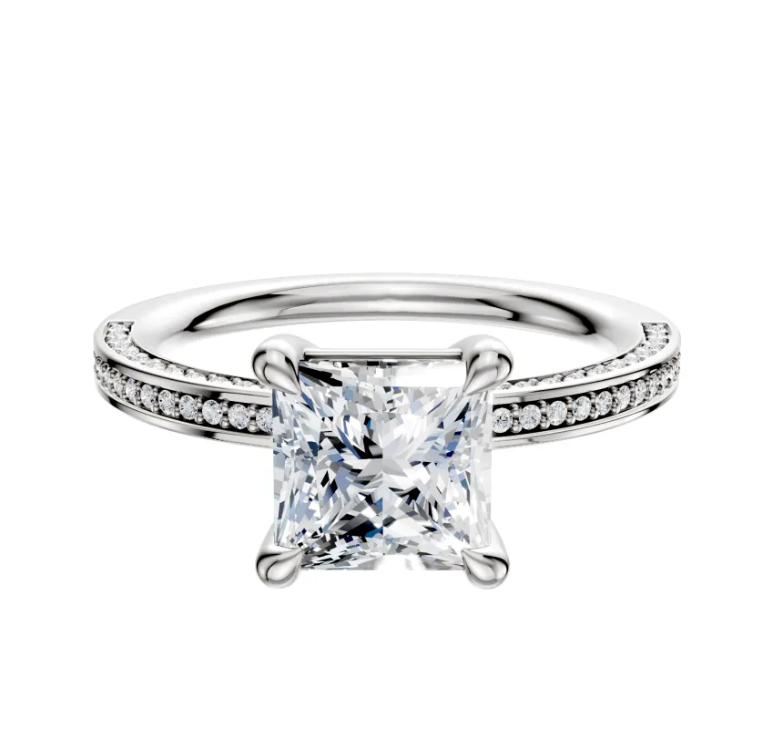 14K White Gold 4 Prong Basket Classic Flat 3-Row-Pave 2.0mm Engagement Ring made by Effy