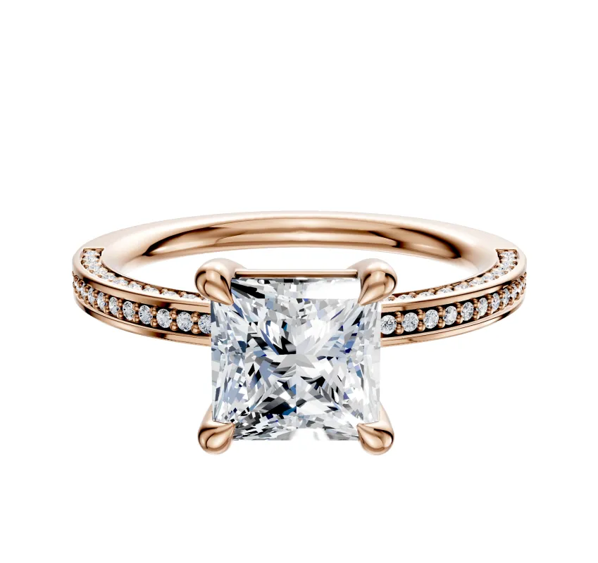 14K Rose Gold 4 Prong Basket Classic Flat 3-Row-Pave 2.0mm Engagement Ring made by Effy