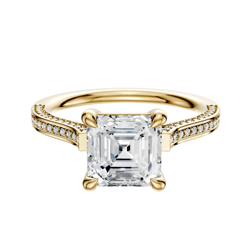 18K Yellow Gold 4 Prong Basket Cathedral Flat 3-Row-Pave 2.0mm Engagement Ring made by Effy