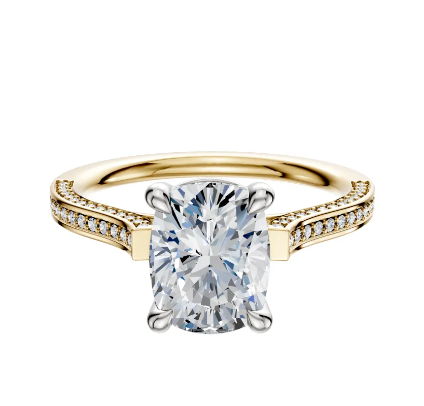 18K Two Tone 4 Prong Basket Cathedral Flat 3-Row-Pave 2.0mm Engagement Ring made by Effy