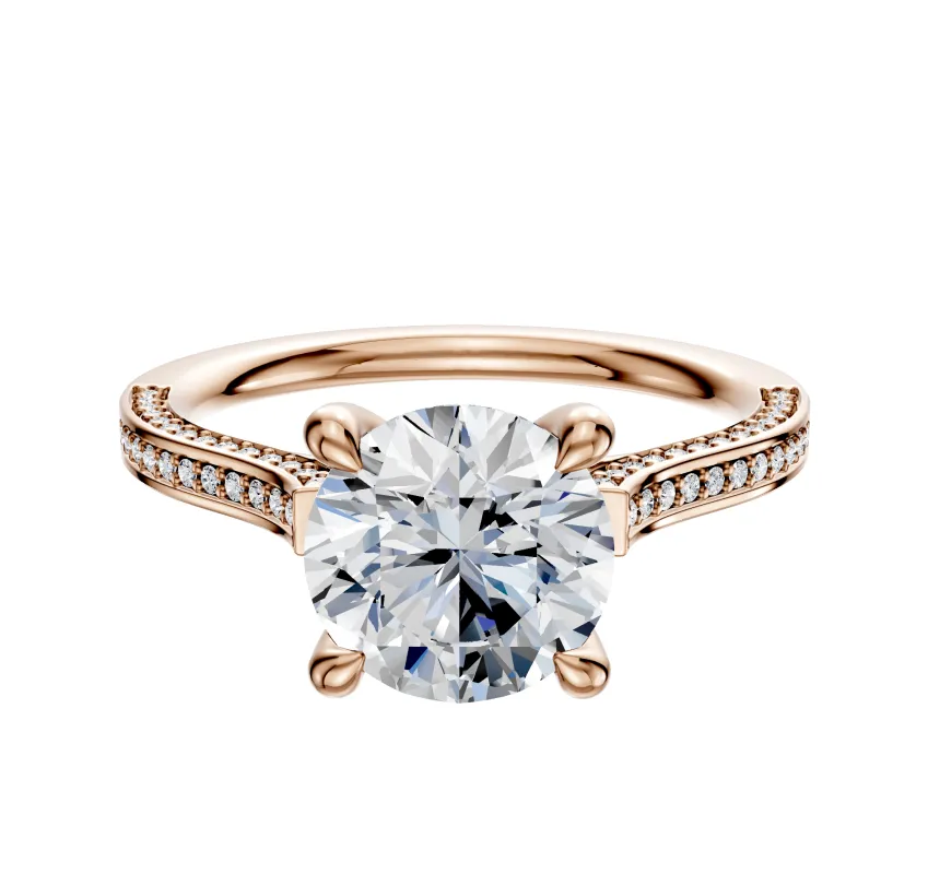 18K Rose Gold 4 Prong Hidden Halo Cathedral Flat 3-Row-Pave 2.0mm Engagement Ring made by Effy