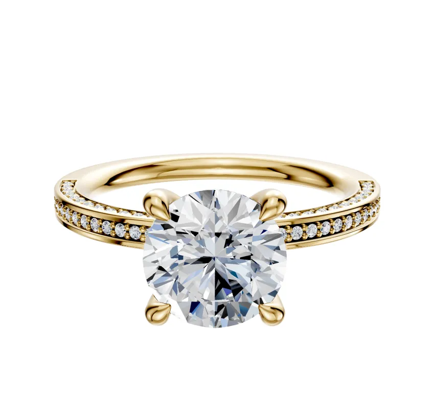 14K Yellow Gold 4 Prong Hidden Halo Classic Flat 3-Row-Pave 2.0mm Engagement Ring made by Effy