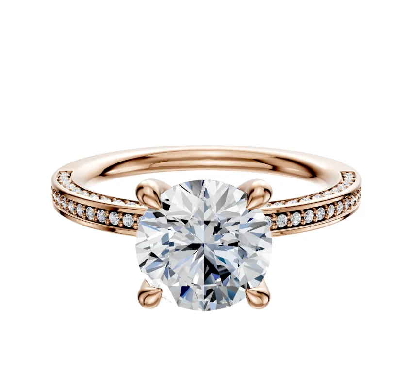 18K Rose Gold 4 Prong Hidden Halo Classic Flat 3-Row-Pave 2.0mm Engagement Ring made by Effy