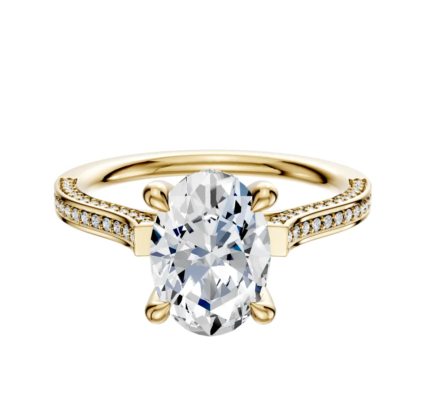 18K Yellow Gold 4 Prong Hidden Halo Cathedral Flat 3-Row-Pave 2.0mm Engagement Ring made by Effy