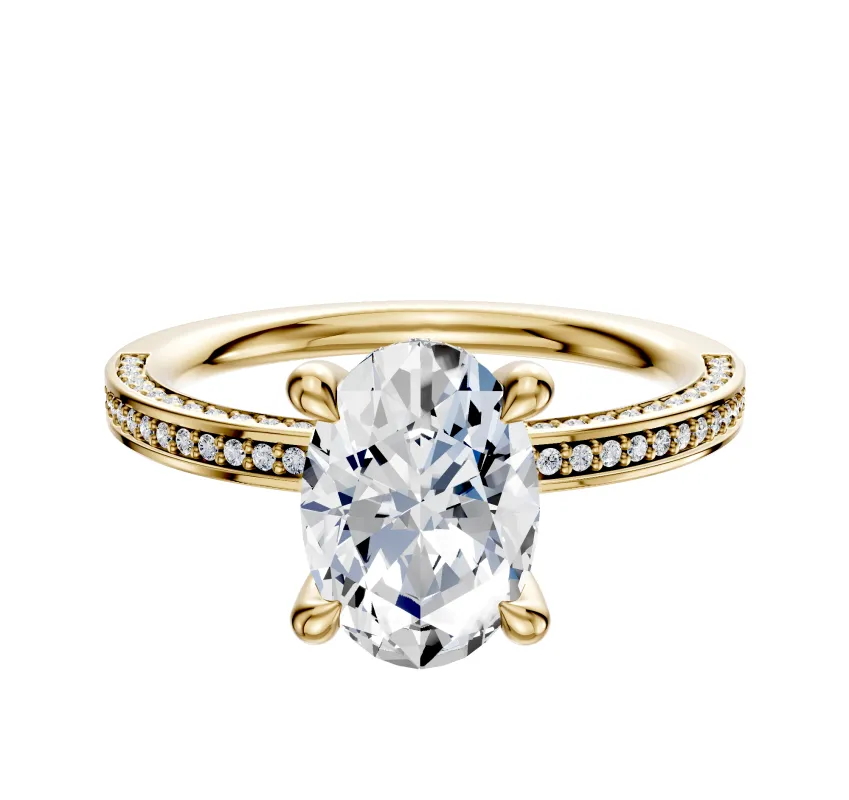 18K Yellow Gold 4 Prong Hidden Halo Classic Flat 3-Row-Pave 2.0mm Engagement Ring sold by Effy