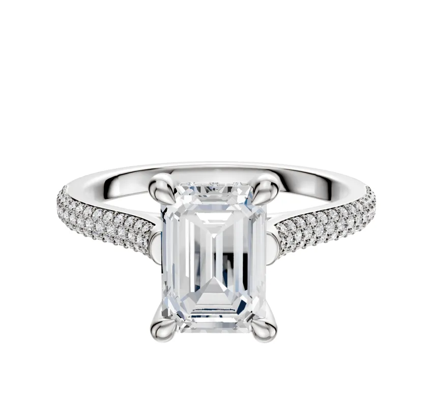 18K White Gold 4 Prong Hidden Halo Cathedral Dome 3-Row-Pave 2.0mm Engagement Ring made by Effy