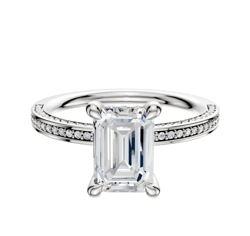 18K White Gold 4 Prong Hidden Halo Classic Flat 3-Row-Pave 2.0mm Engagement Ring sold by Effy