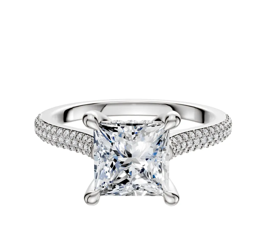 14K White Gold 4 Prong Hidden Halo Cathedral Dome 3-Row-Pave 2.0mm Engagement Ring made by Effy