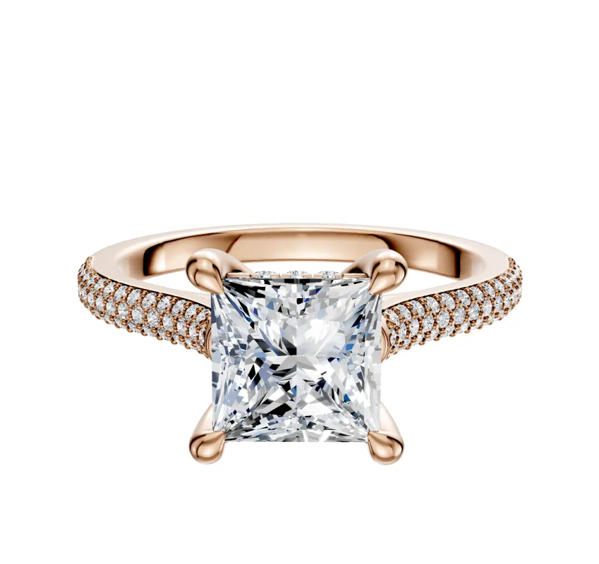 18K Rose Gold 4 Prong Hidden Halo Cathedral Dome 3-Row-Pave 2.0mm Engagement Ring made by Effy
