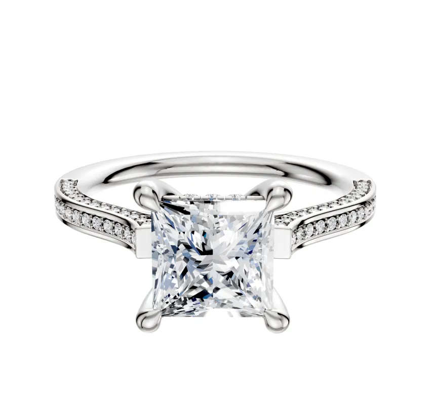 14K White Gold 4 Prong Hidden Halo Cathedral Flat 3-Row-Pave 2.0mm Engagement Ring sold by Effy