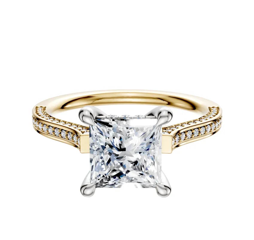 14K Two Tone 4 Prong Hidden Halo Cathedral Flat 3-Row-Pave 2.0mm Engagement Ring made by Effy