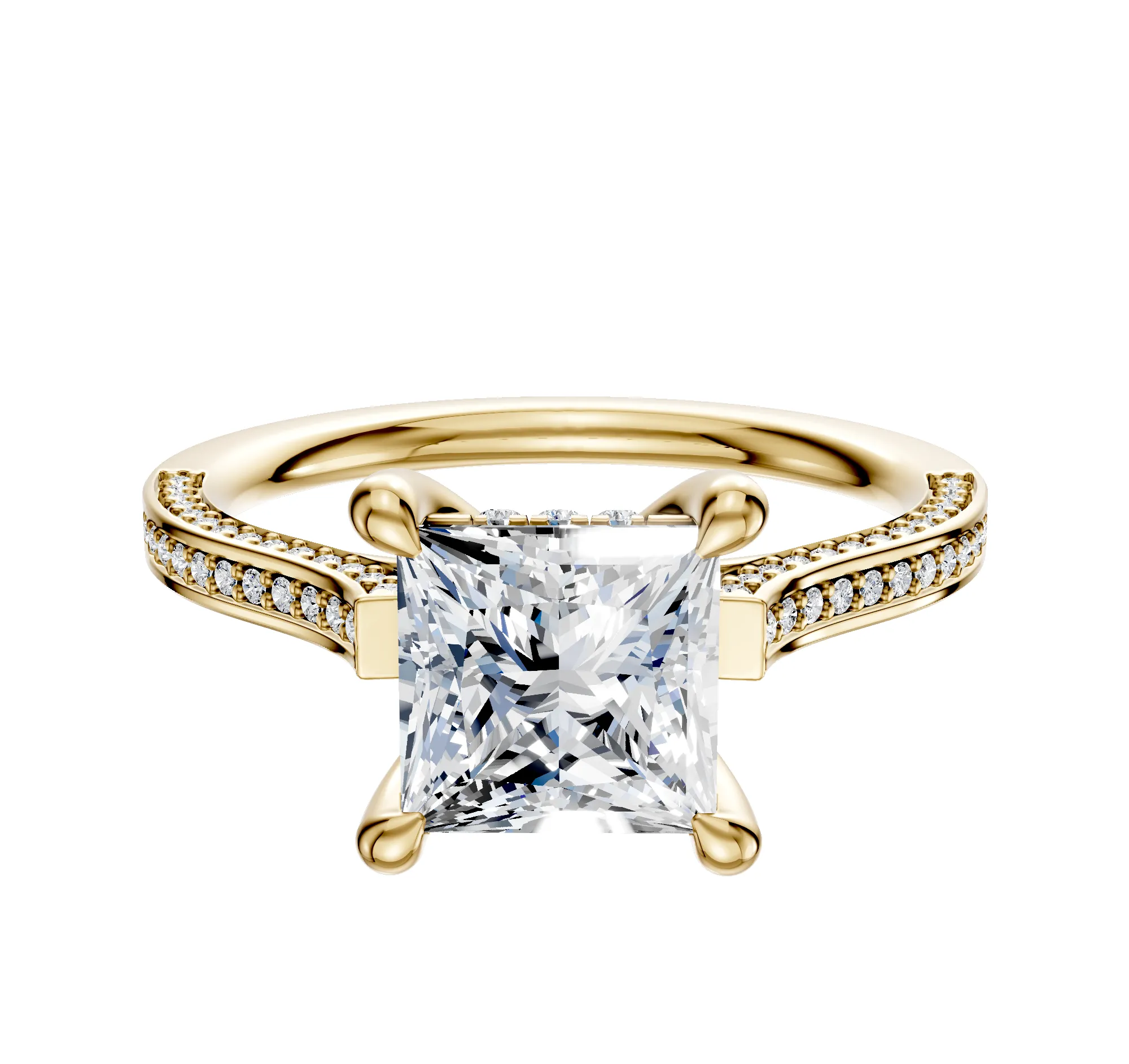14K Yellow Gold 4 Prong Hidden Halo Cathedral Flat 3-Row-Pave 2.0mm Engagement Ring sold by Effy