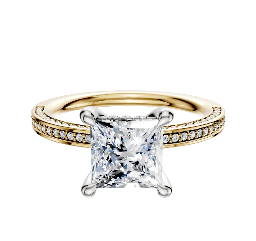 14K Two Tone 4 Prong Hidden Halo Classic Flat 3-Row-Pave 2.0mm Engagement Ring made by Effy