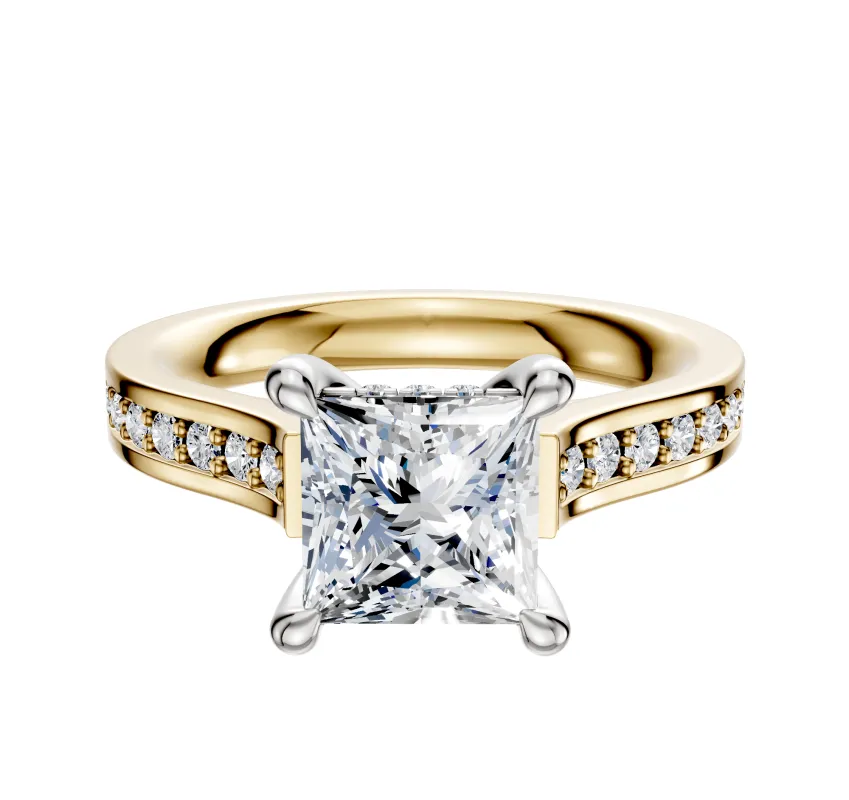 18K Two Tone 4 Prong Hidden Halo Cathedral Flat 1-Row-Pave 2.5mm Engagement Ring sold by Effy