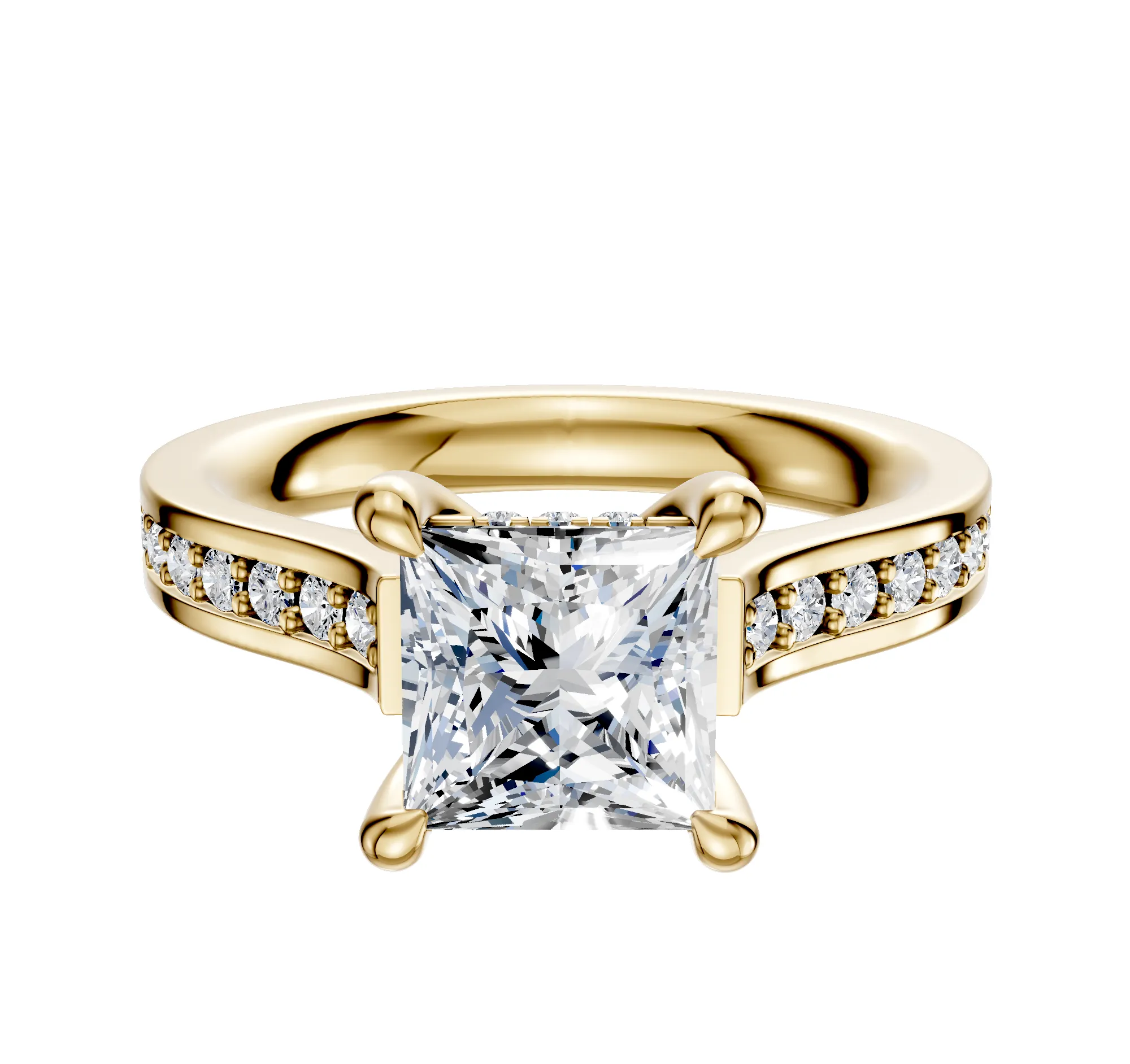 18K Yellow Gold 4 Prong Hidden Halo Cathedral Flat 1-Row-Pave 2.5mm Engagement Ring sold by Effy